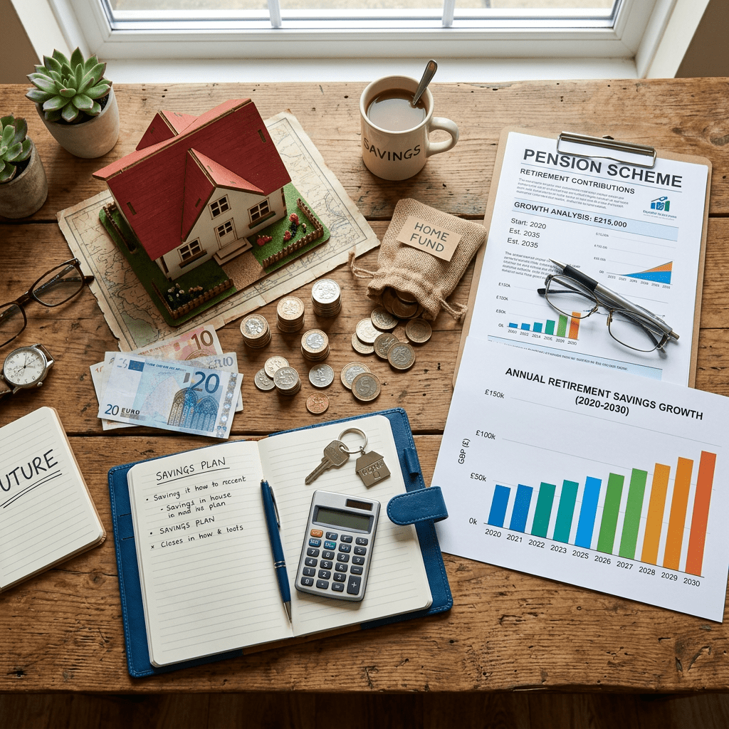 Model house, coins, banknotes, pension scheme document with charts, notebook with savings plan notes, calculator, keys, coffee mug labeled savings, and glasses on wooden table